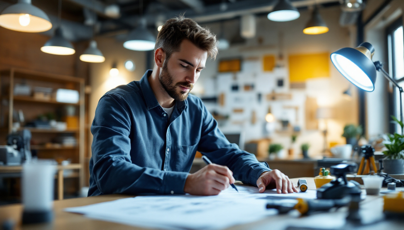 A photograph of a well-lit workspace featuring an electrical engineer reviewing lighting plans