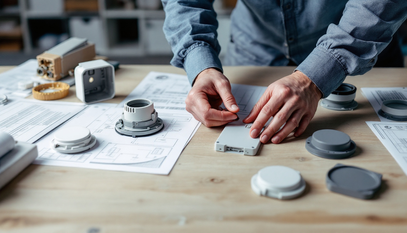 A photograph of a well-organized workspace featuring an engineer inspecting various junction box covers
