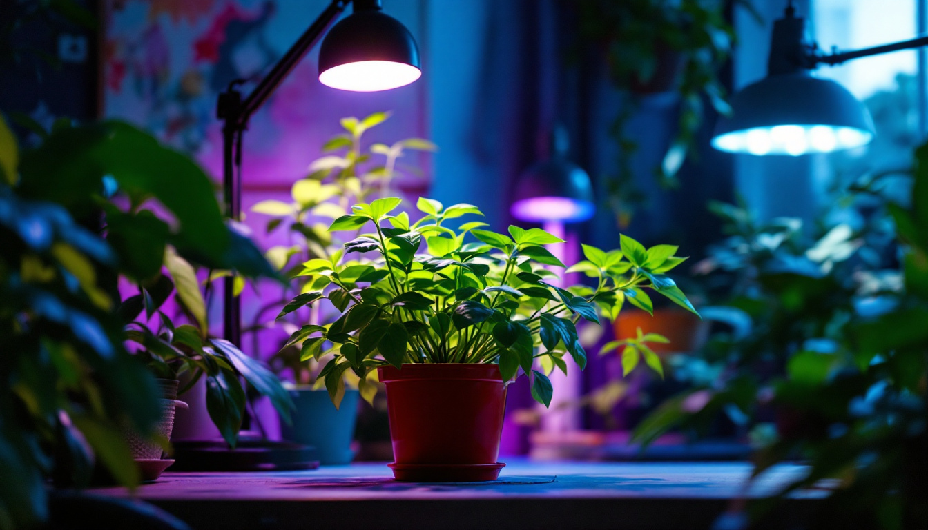 A photograph of a vibrant indoor plant illuminated by a variety of stylish grow lights
