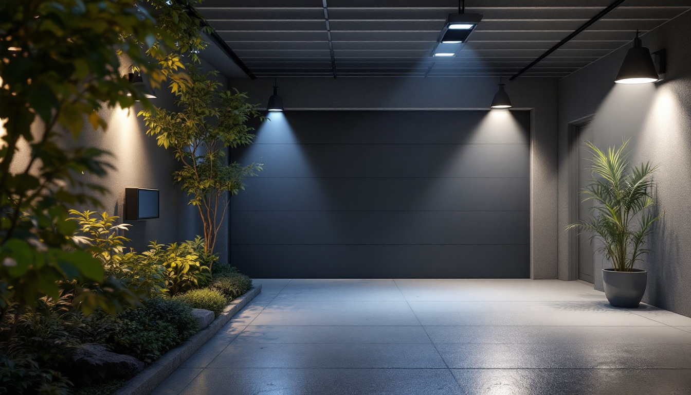 A photograph of a well-lit garage featuring stylish solar lights installed in various areas