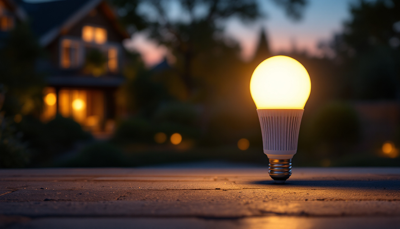 A photograph of a dusk-to-dawn flood light bulb illuminating a residential or commercial outdoor space at twilight