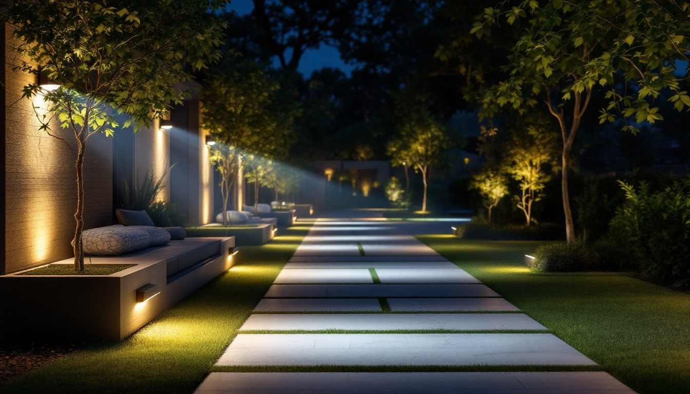 A photograph of a beautifully illuminated outdoor space featuring various exterior flood light fixtures in use