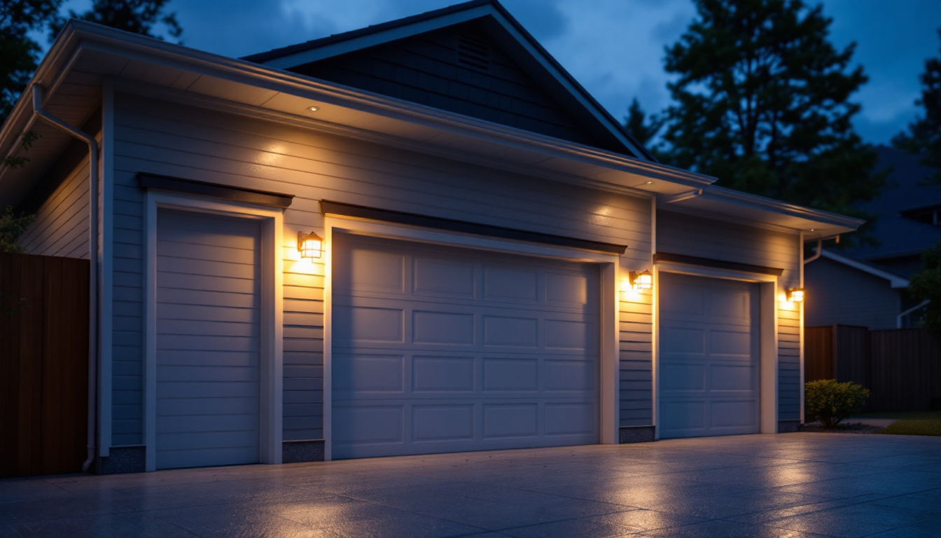 A photograph of a well-lit garage exterior at dusk