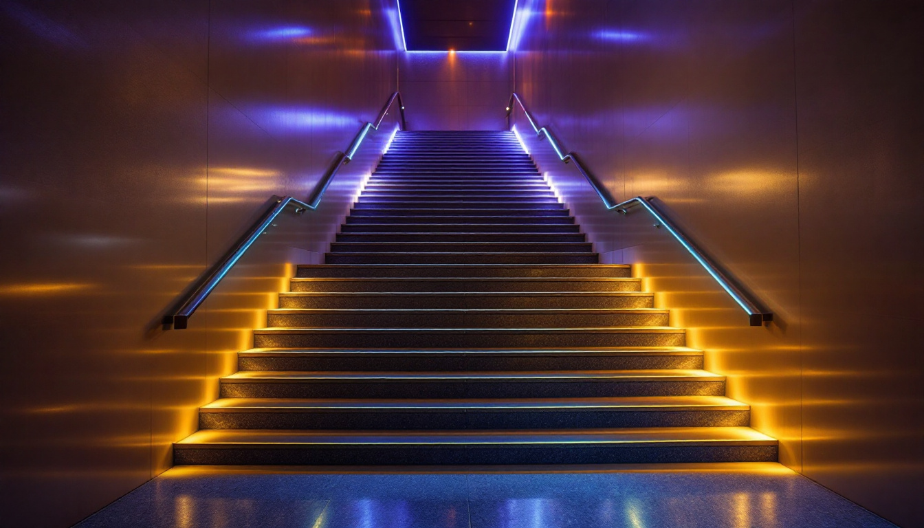 A photograph of a well-lit staircase showcasing various lighting techniques