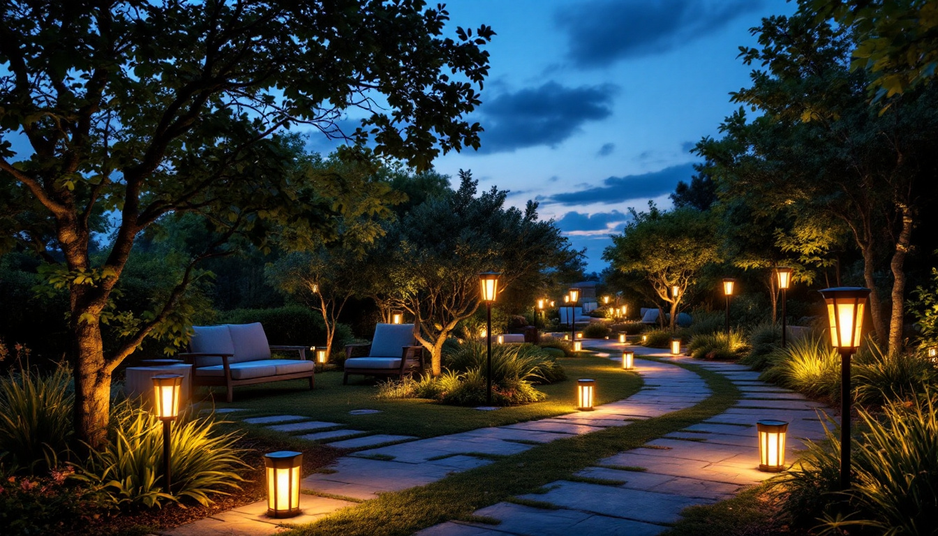 A photograph of a beautifully lit outdoor setting featuring a variety of solar-powered lights illuminating pathways