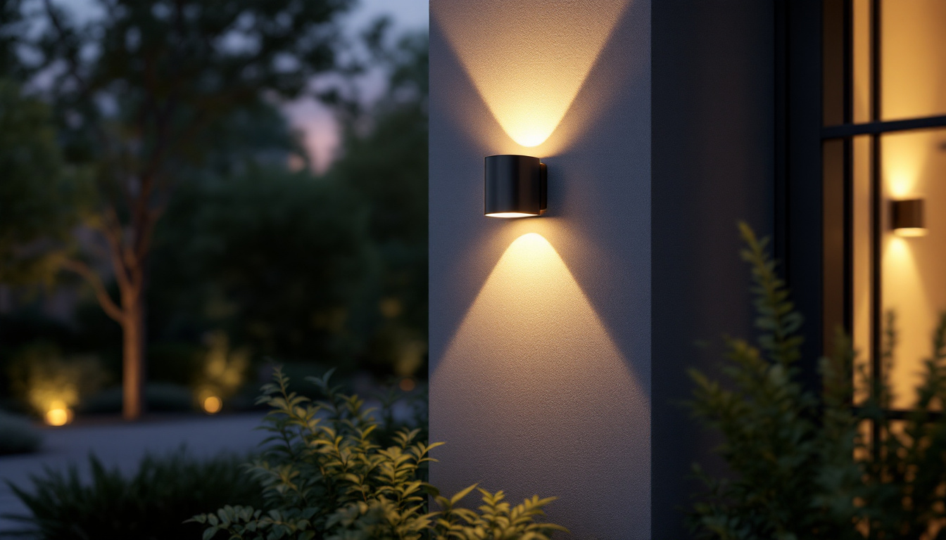 A photograph of a beautifully designed outdoor wall-mounted light fixture illuminating a stylish exterior wall