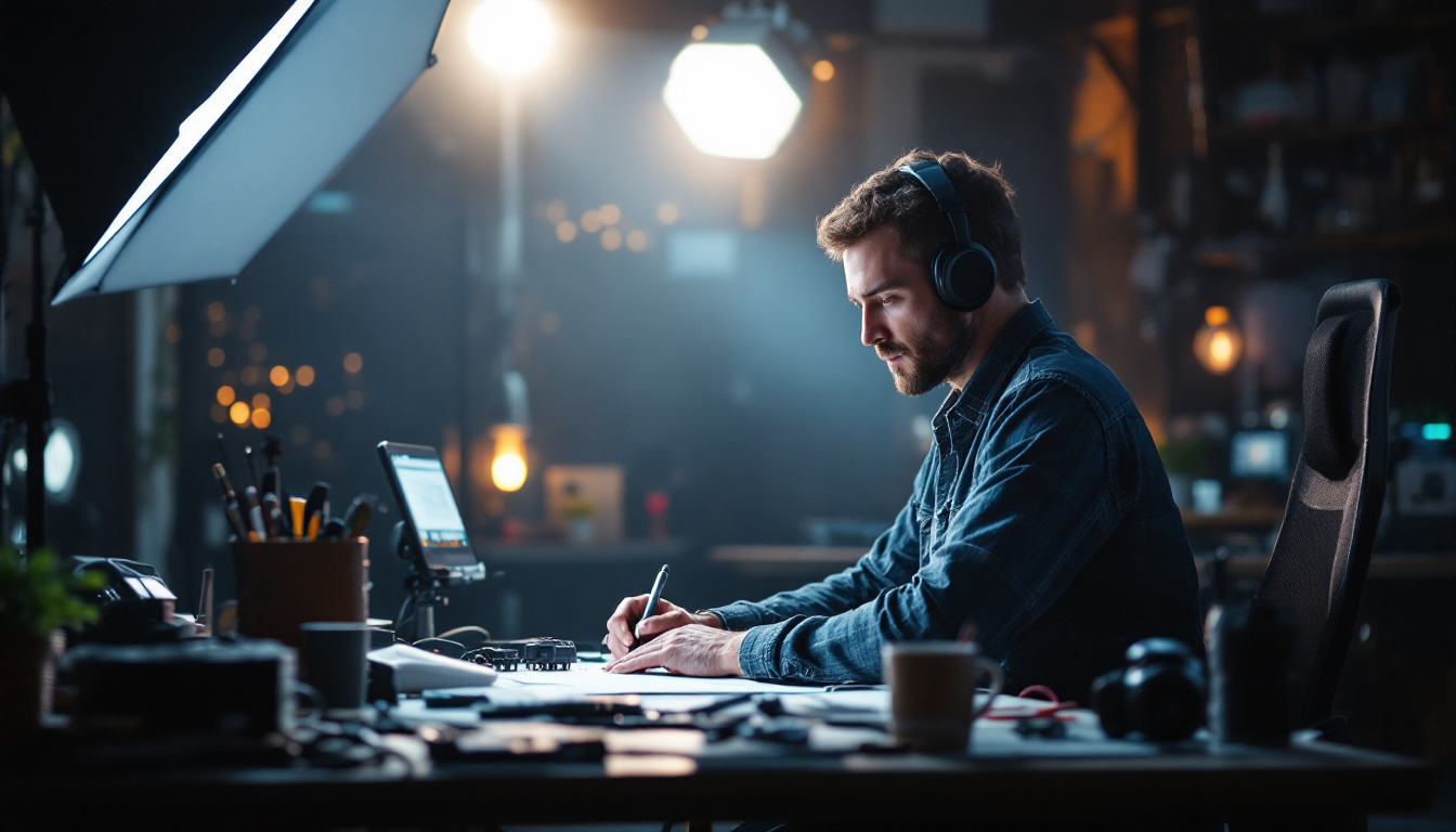 A photograph of a lighting engineer at work
