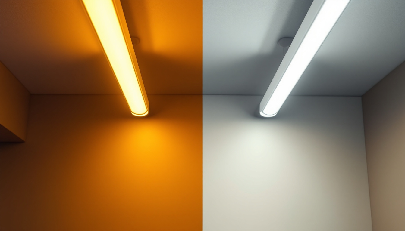 A photograph of a side-by-side comparison of a traditional fluorescent tube fixture and a modern led tube fixture installed in a well-lit space
