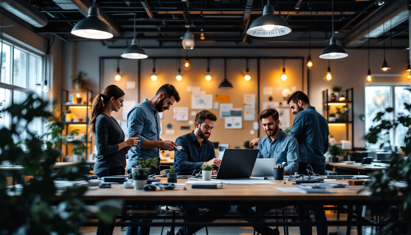 A photograph of a dynamic workspace where engineers collaborate on cutting-edge electrical projects