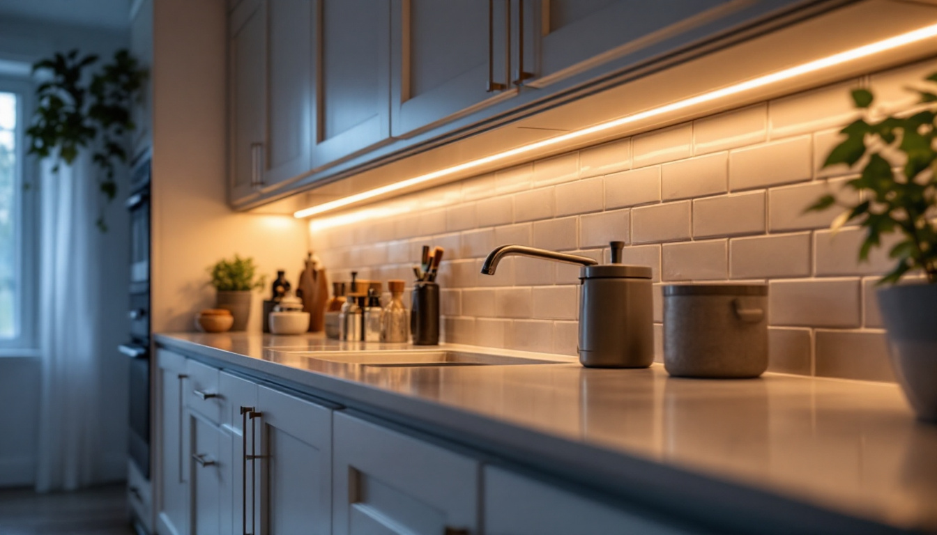 A photograph of a well-lit kitchen showcasing under cabinet lighting installations