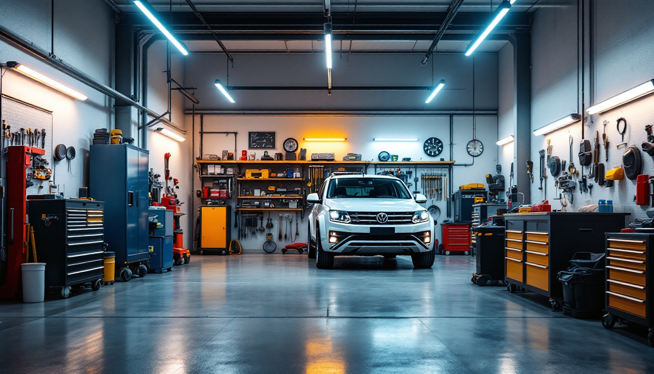 A photograph of a well-lit garage showcasing bright