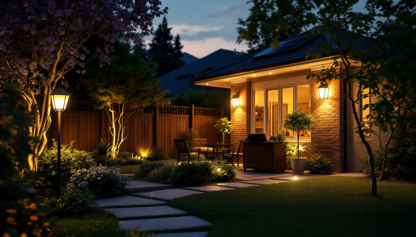 A photograph of a beautifully illuminated outdoor space featuring solar-powered lights in action during twilight