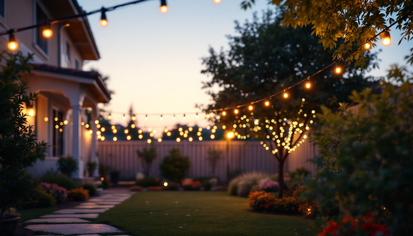A photograph of a beautifully lit backyard at dusk