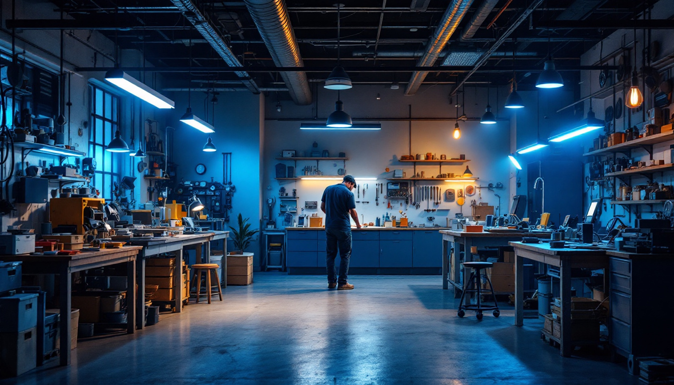A photograph of a well-lit workshop or shop space showcasing various led lights in use