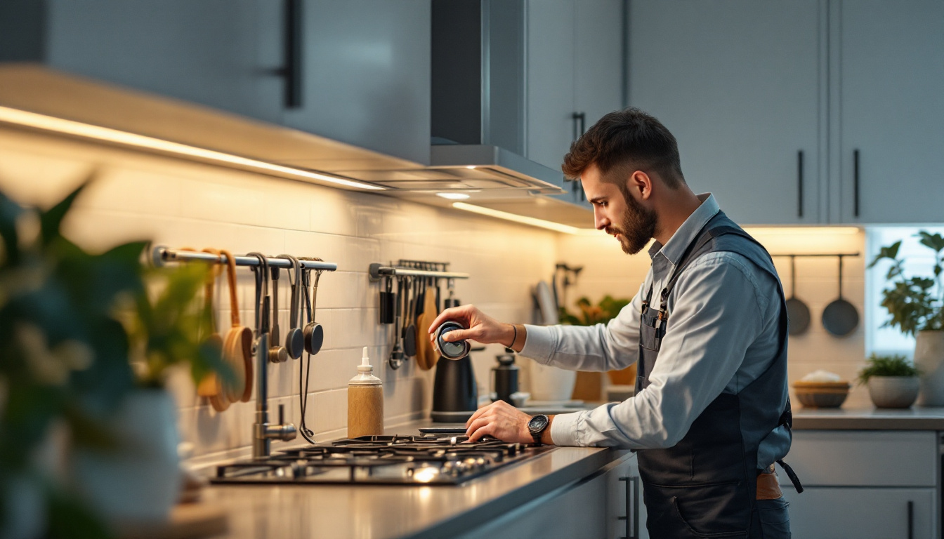 A photograph of a well-lit kitchen cabinet showcasing innovative lighting solutions