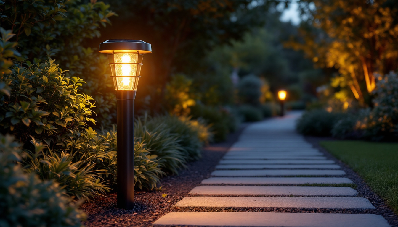 A photograph of a beautifully designed outdoor solar post light illuminating a garden pathway at dusk