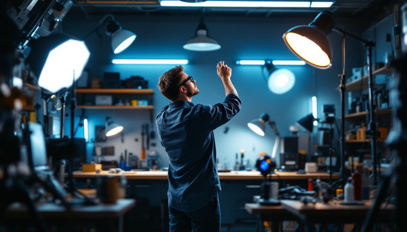 A photograph of a well-lit garage workspace featuring a variety of lamps and lighting setups