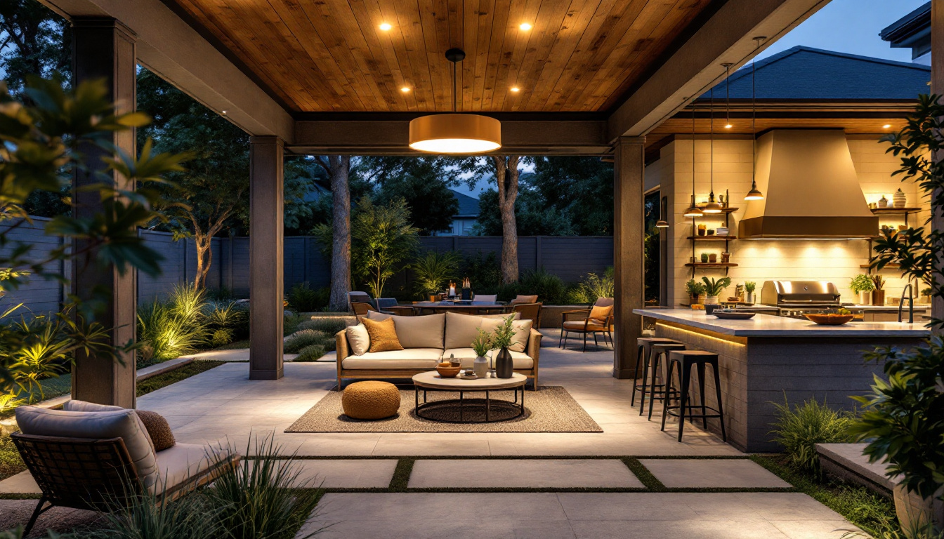 A photograph of a beautifully designed outdoor space featuring wet rated recessed lighting installed in a covered patio or outdoor kitchen