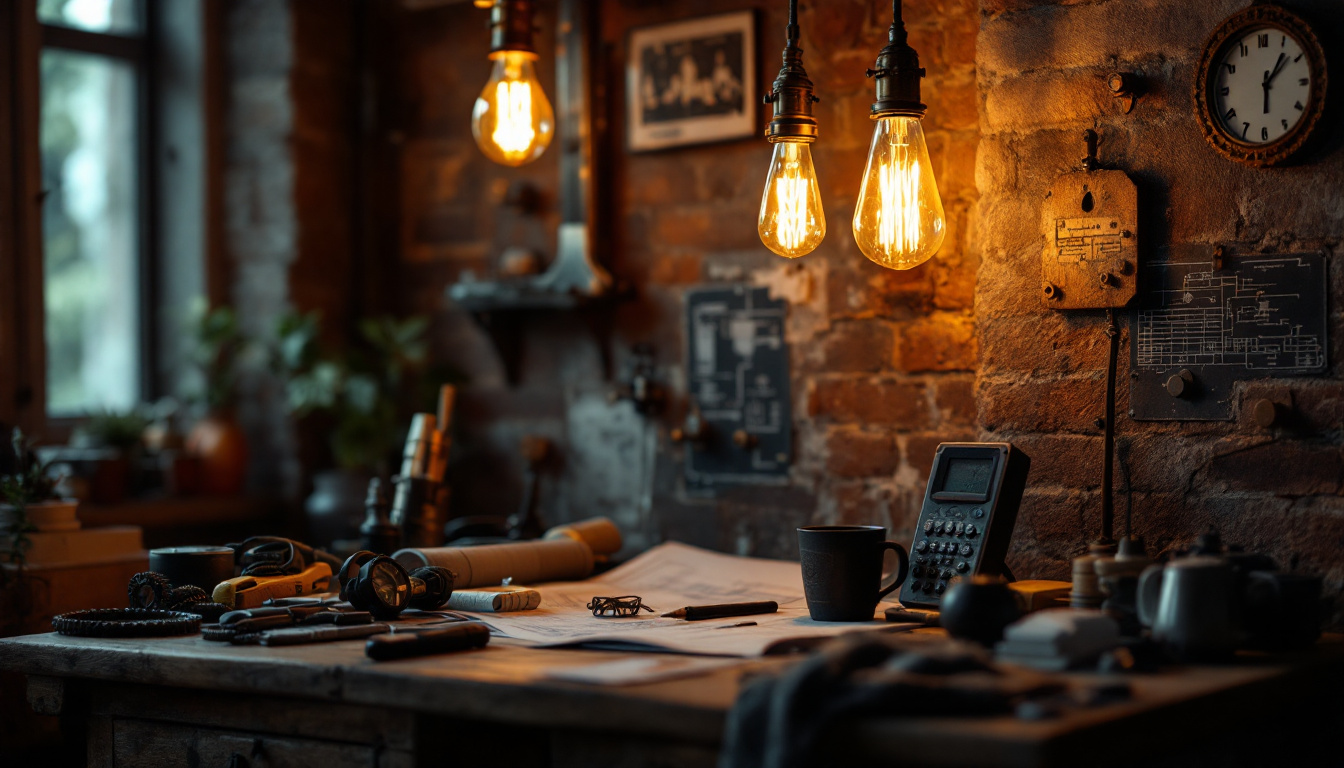 A photograph of a beautifully styled vintage industrial lighting fixture in a cozy