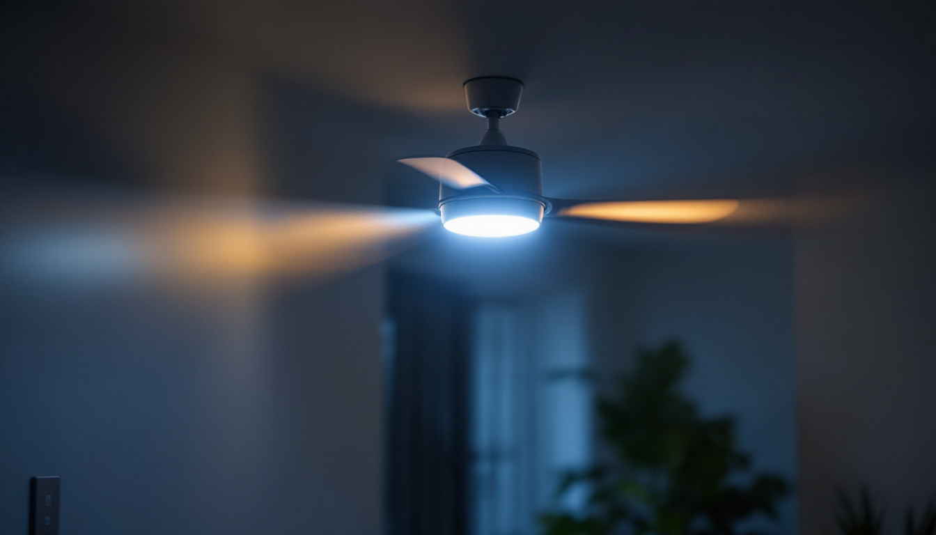 A photograph of a beautifully designed ceiling fan with an integrated wall switch in a well-lit room