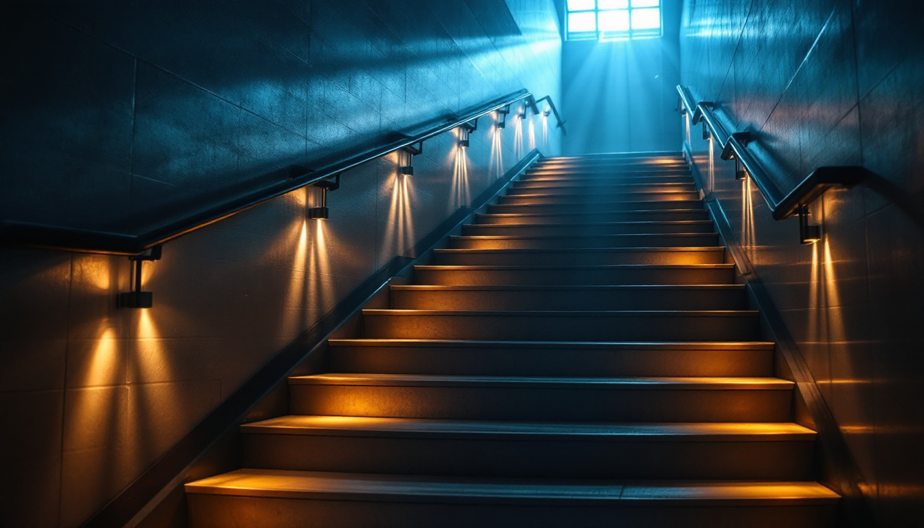 A photograph of a well-lit stairway that showcases a variety of lighting techniques
