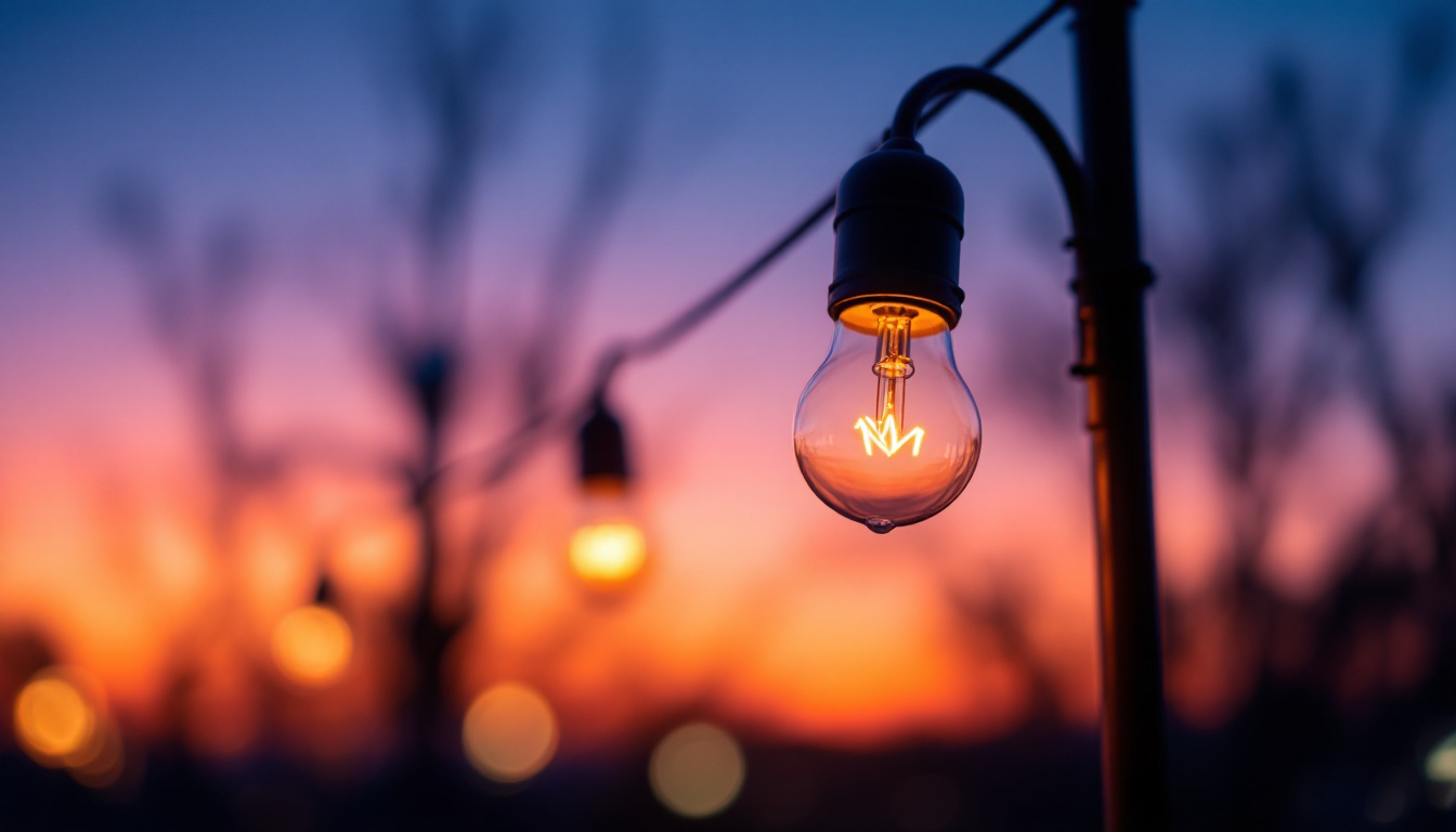 A photograph of a close-up shot of a dusk-to-dawn led bulb illuminating a serene outdoor scene at twilight