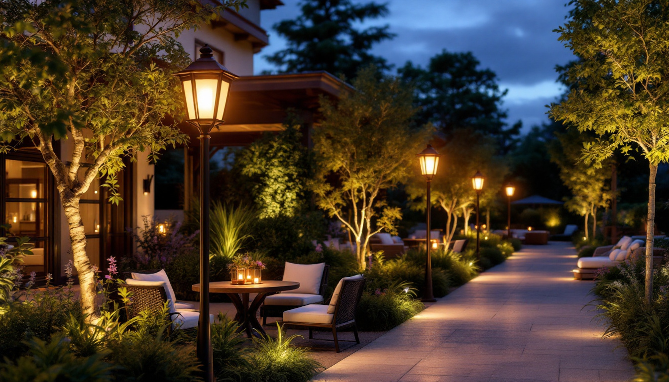 A photograph of a beautifully lit outdoor space featuring elegant pole lanterns