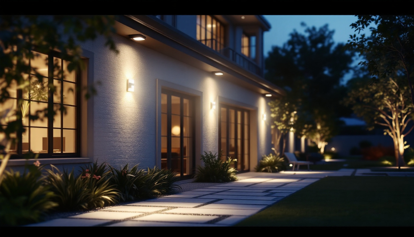 A photograph of a beautifully illuminated exterior space featuring energy-efficient sensor lights in action