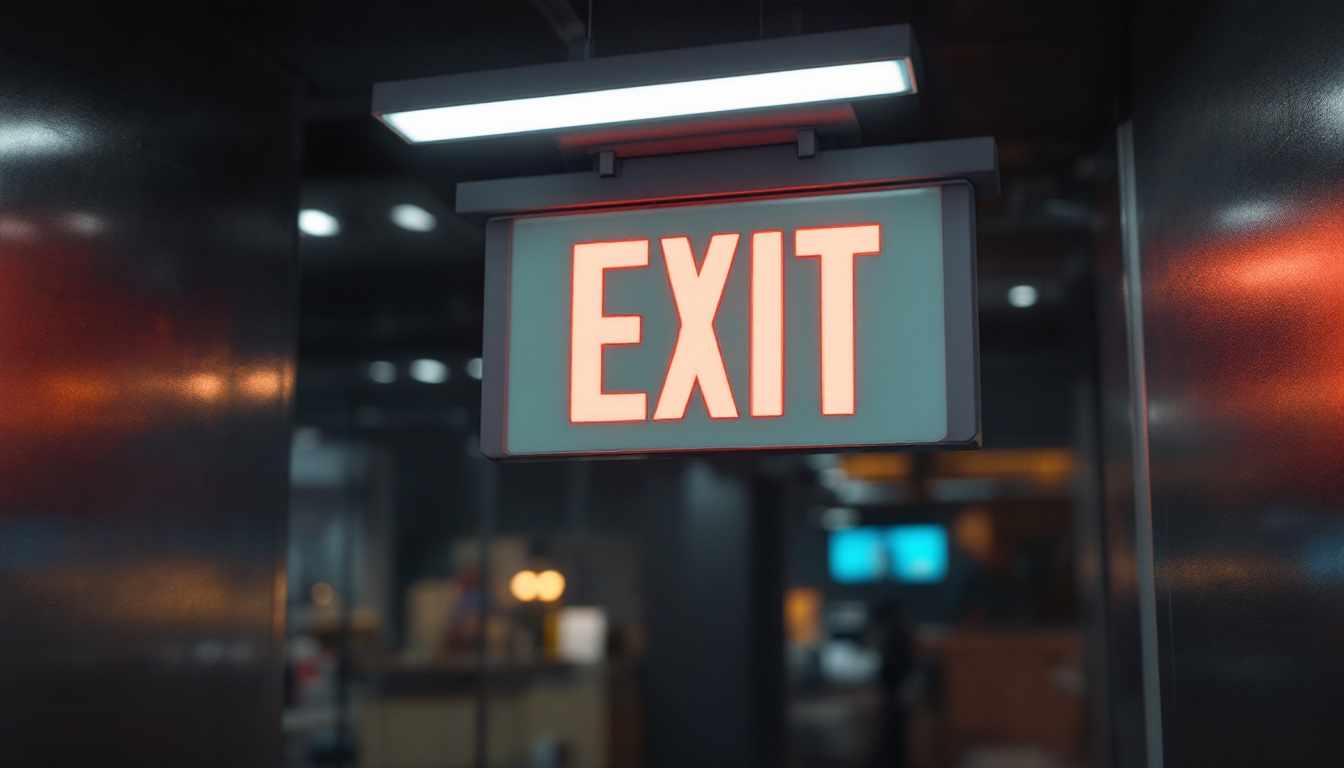 A photograph of a well-lit exit sign in a commercial or public space