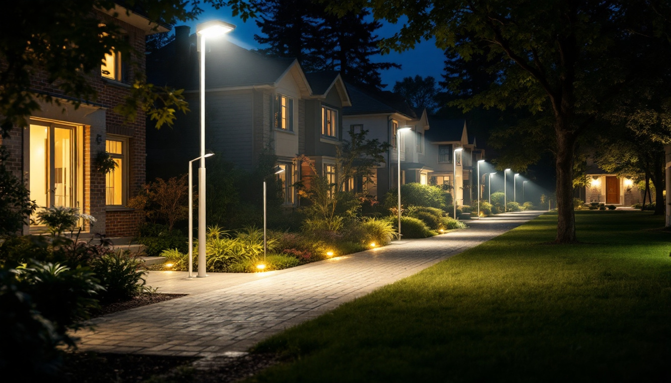 A photograph of a well-lit outdoor space showcasing various types of flood lights in action