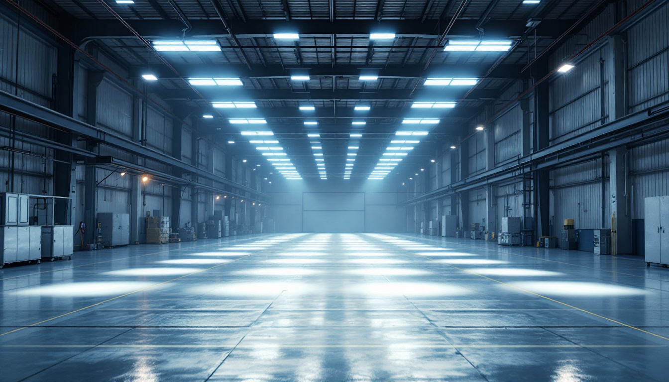 A photograph of a spacious commercial or industrial setting showcasing a large-scale installation of 4ft led lights