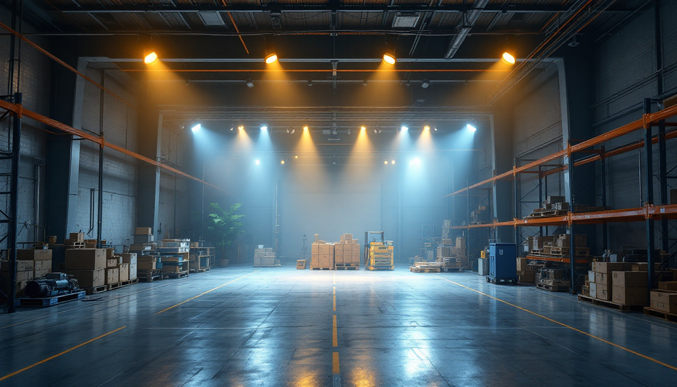 A photograph of a well-lit warehouse environment showcasing various lighting systems in use