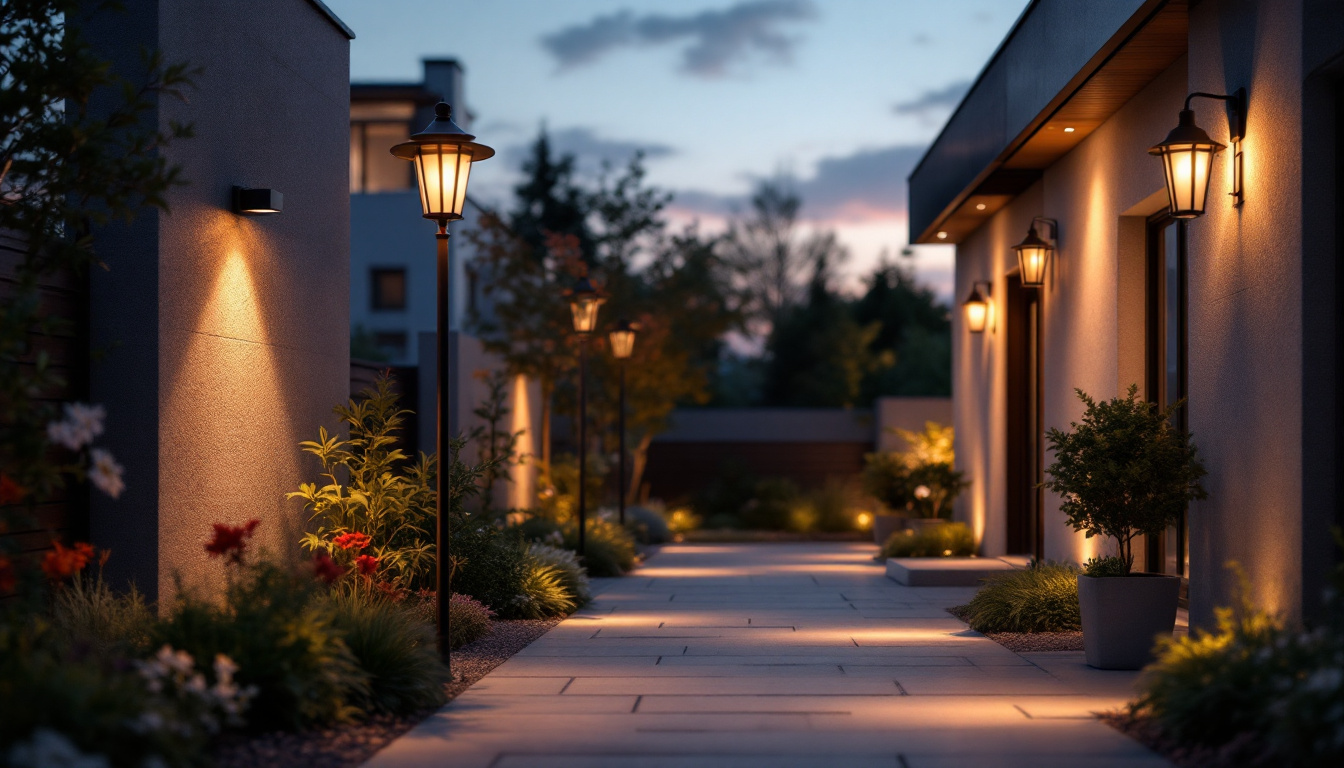 A photograph of a well-lit outdoor space showcasing various types of exterior lighting fixtures