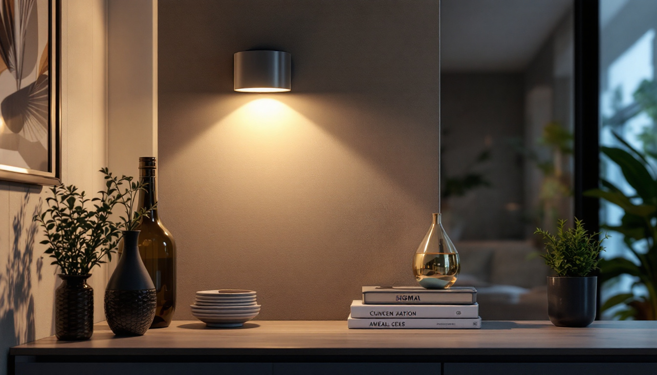 A photograph of a modern uplight wall sconce installed in a stylish interior setting