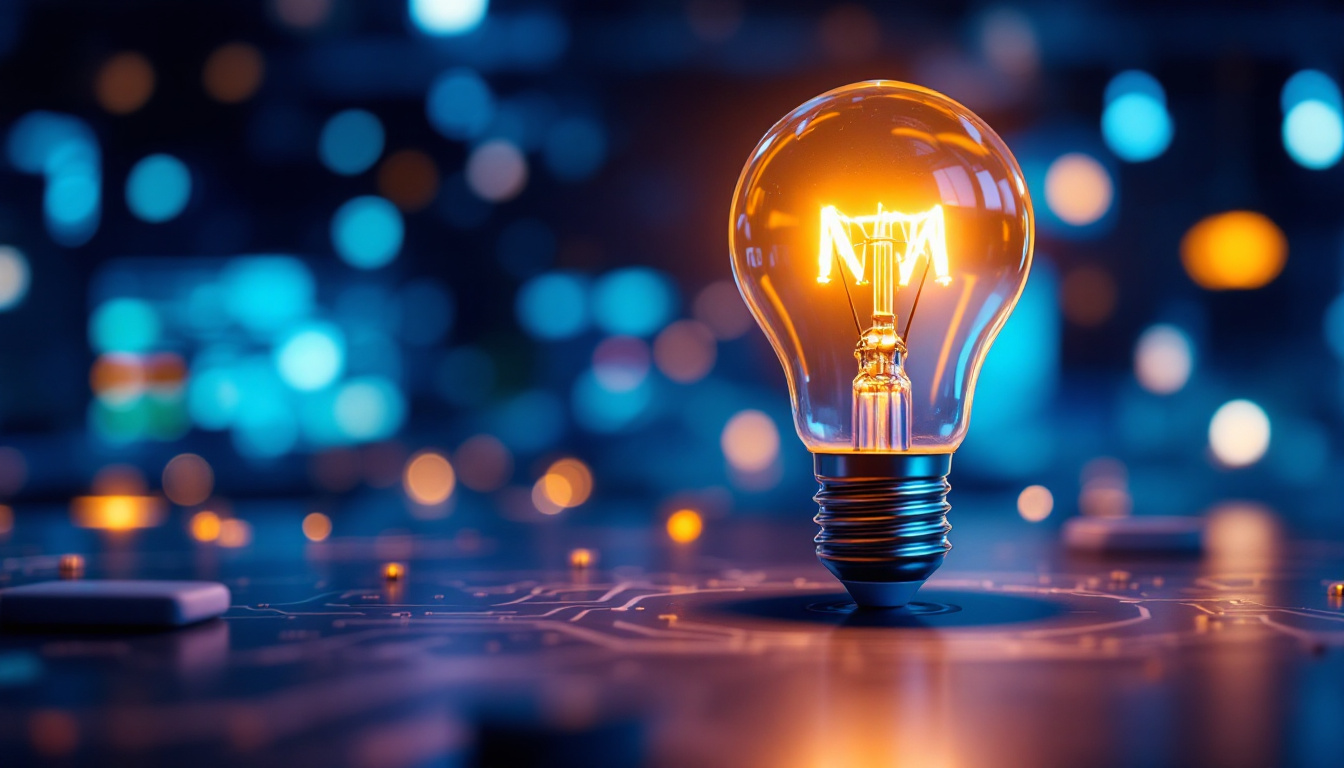 A photograph of a close-up of an e26 light bulb illuminated in a modern setting
