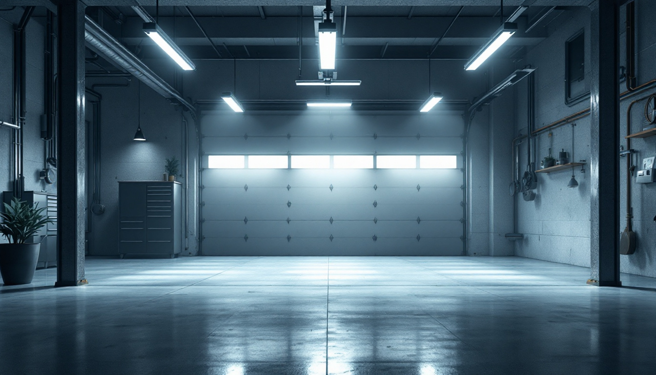 A photograph of a well-lit garage showcasing various types of lighting fixtures installed
