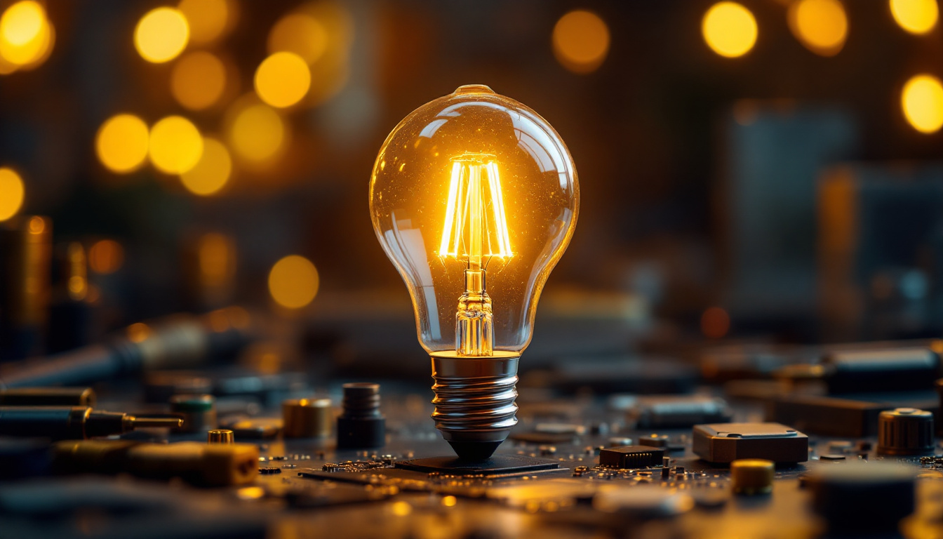 A photograph of a close-up shot of a modern led bulb illuminated in a creative setting