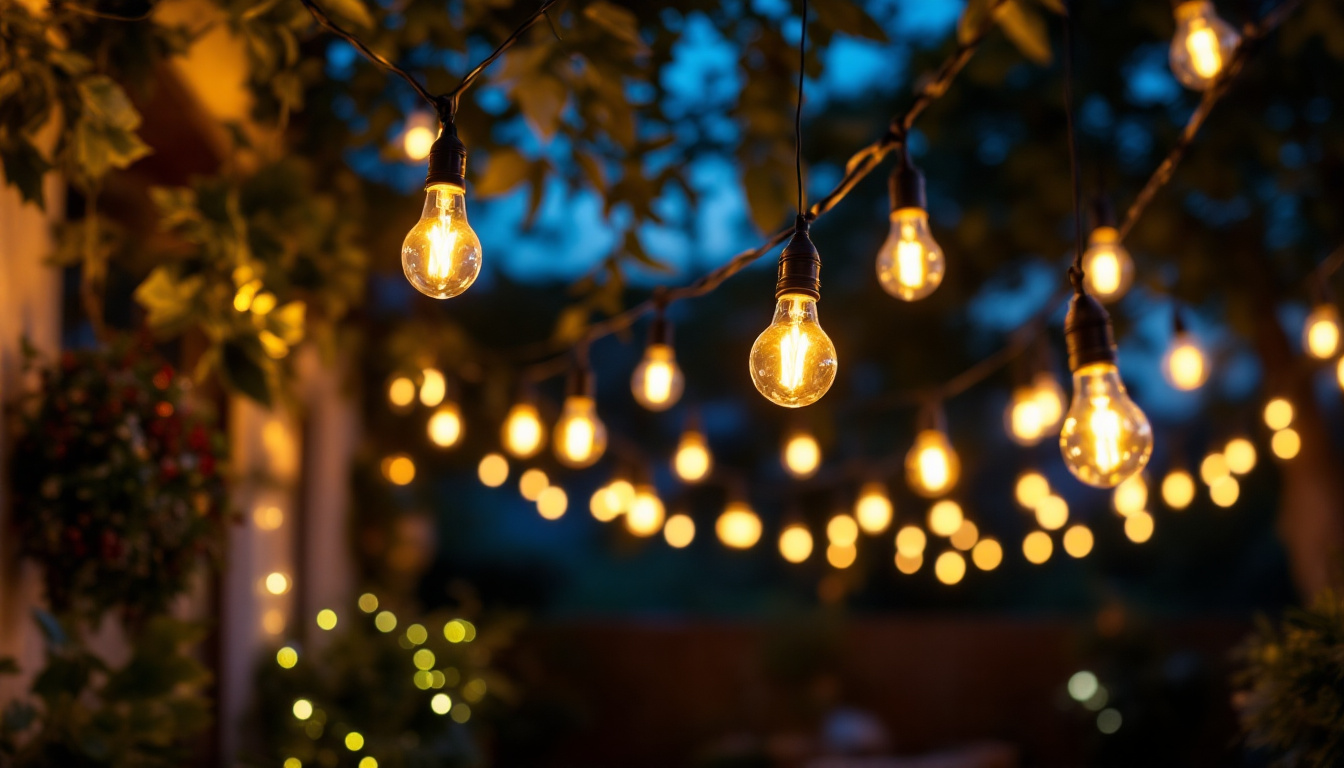 A photograph of a beautifully illuminated outdoor space featuring light bulb string lights