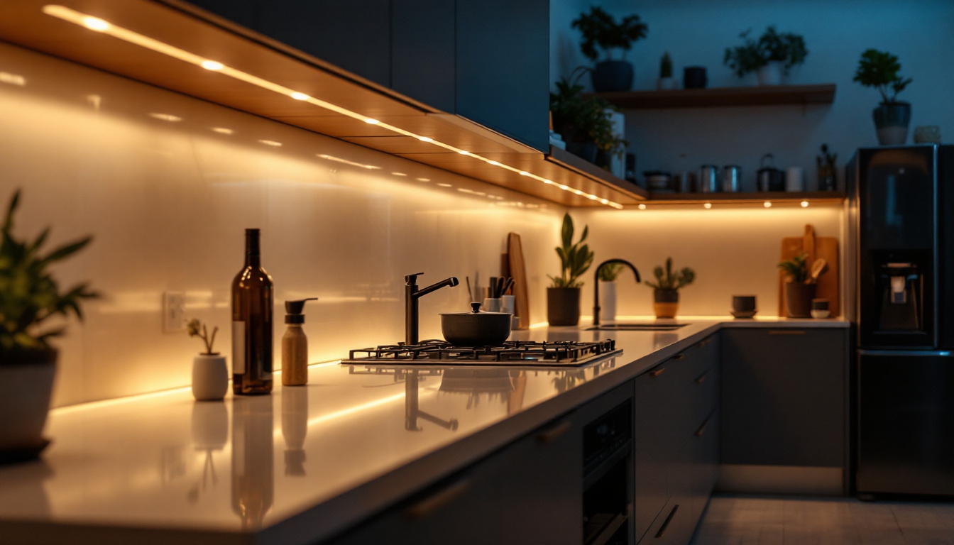 A photograph of a stylishly designed kitchen or workspace featuring under-the-counter led lights illuminating the area