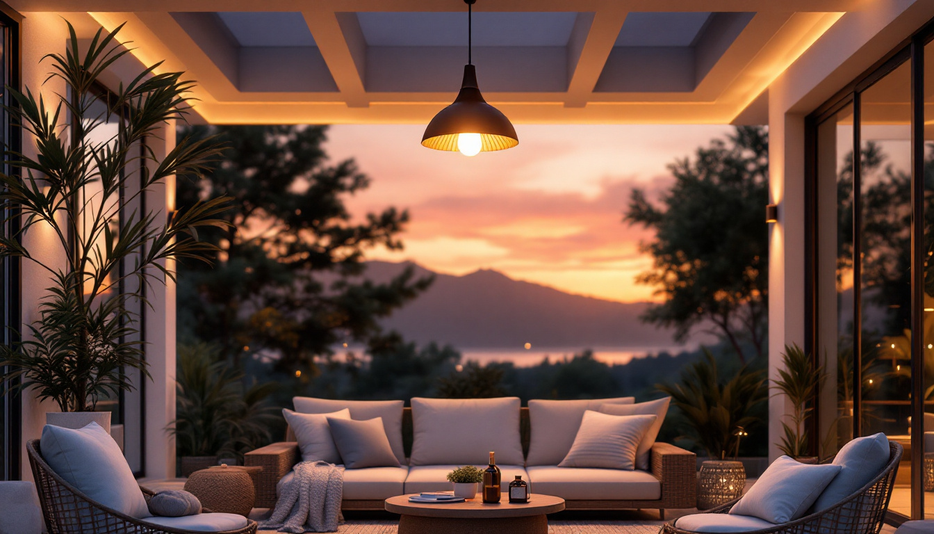 A photograph of a beautifully designed outdoor ceiling lamp illuminated at dusk