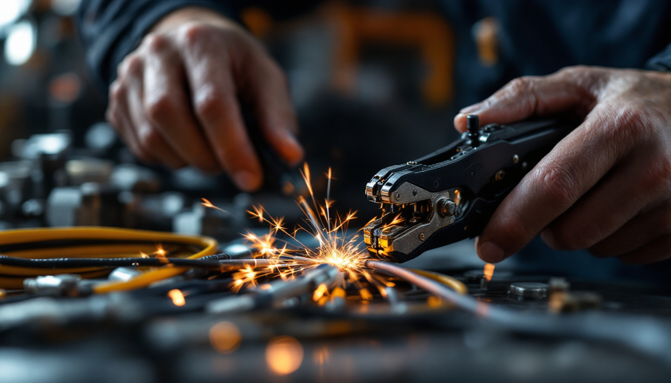 A photograph of a skilled technician using a coax wire stripper on various types of coaxial cables