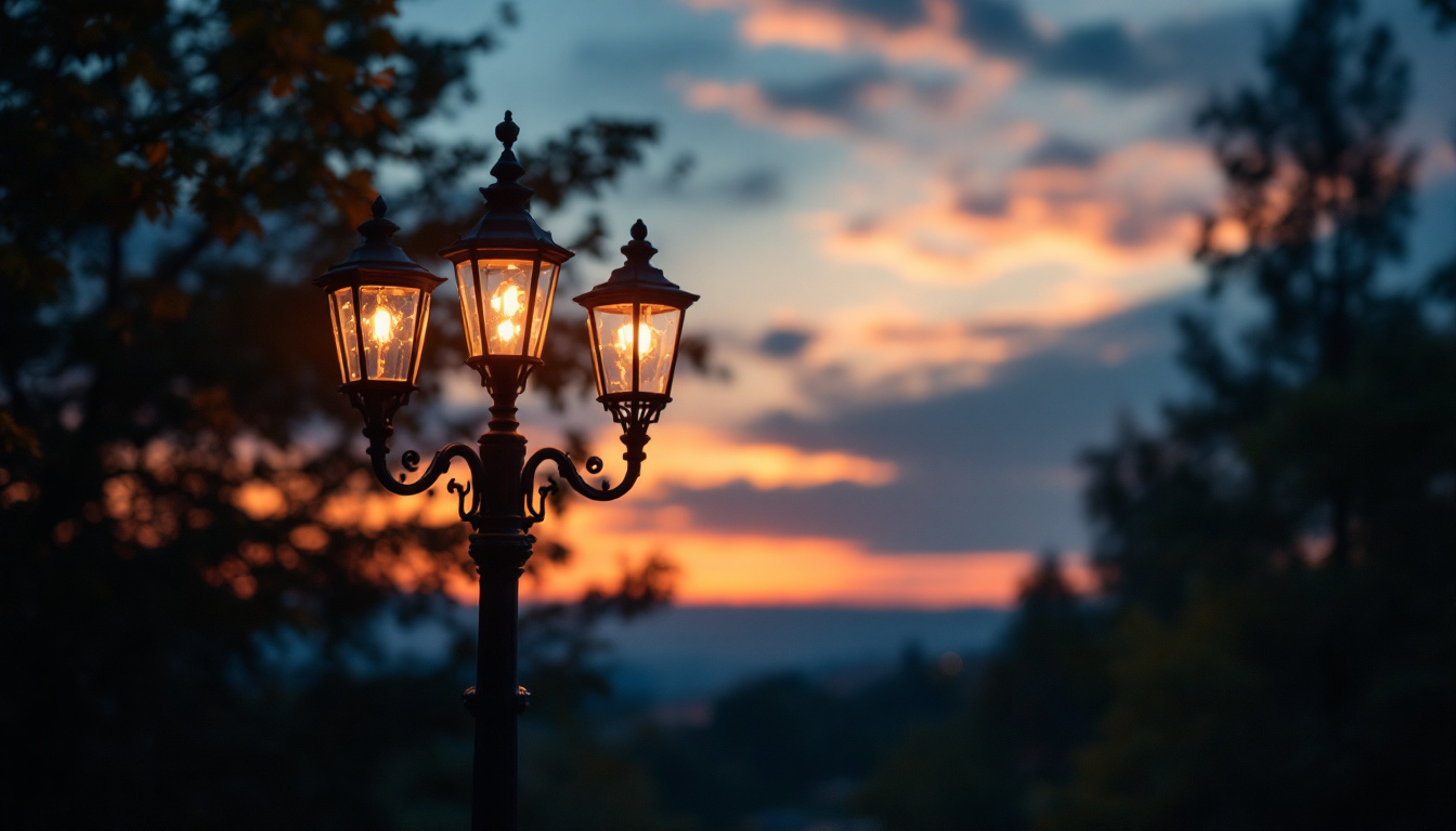 A photograph of a beautifully illuminated lamp post at dusk