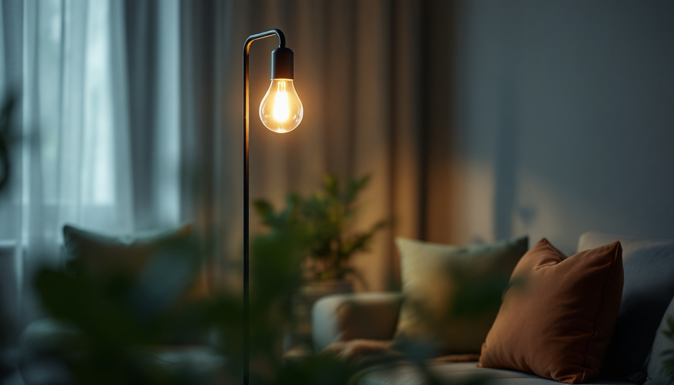 A photograph of a stylish indoor lamp post lamp illuminating a cozy living space