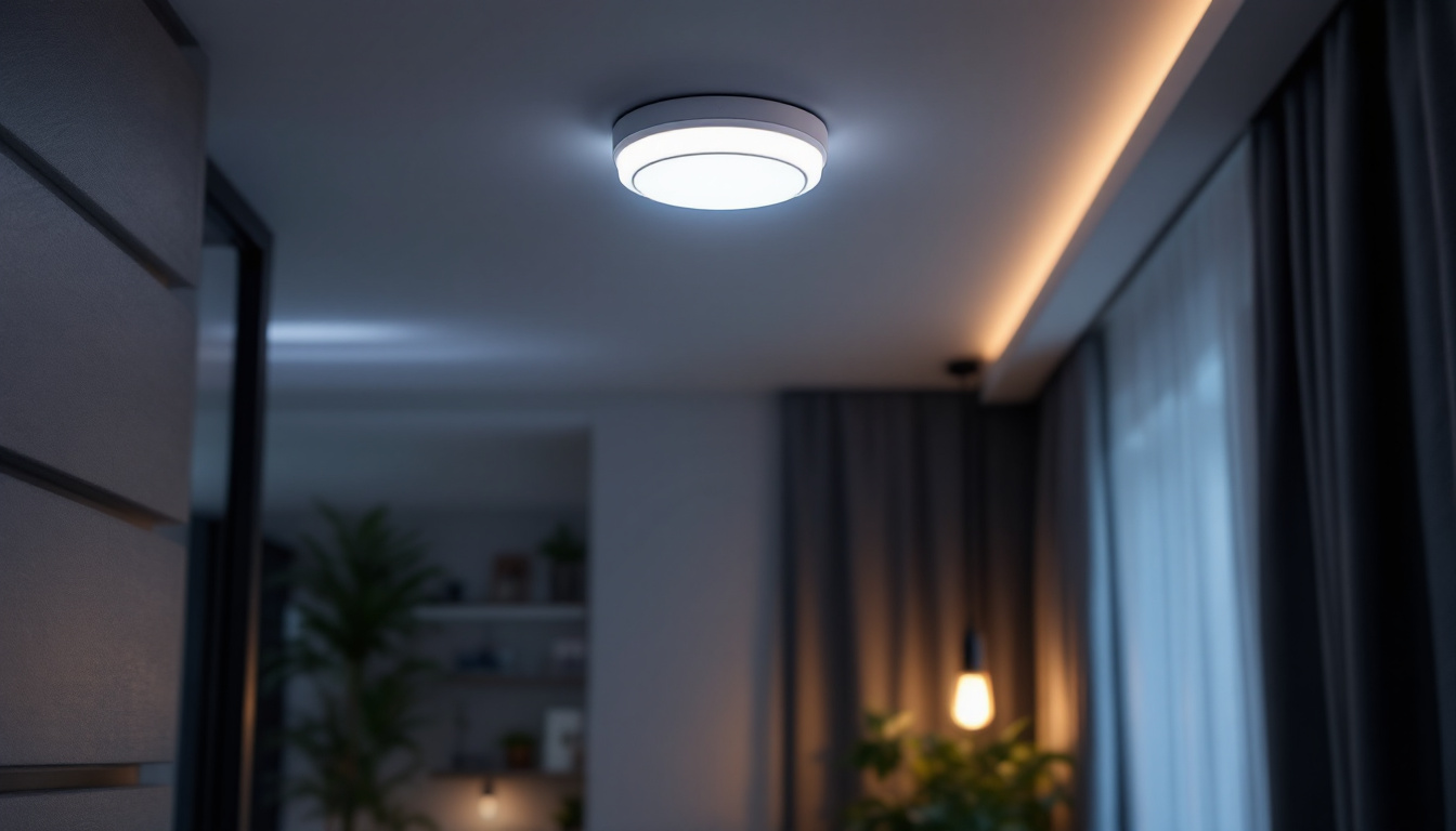 A photograph of a ceiling mount motion sensor installed in a stylishly designed room