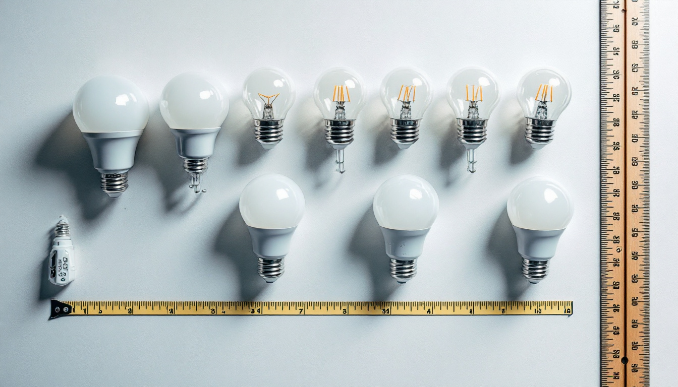 A photograph of a variety of light bulbs with different base sizes displayed alongside a measuring tape and a ruler