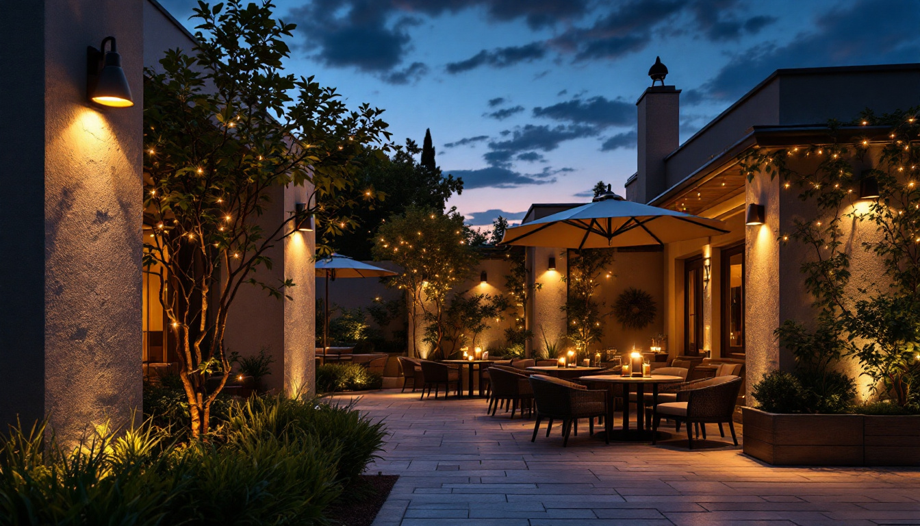 A photograph of a beautifully illuminated outdoor patio at dusk