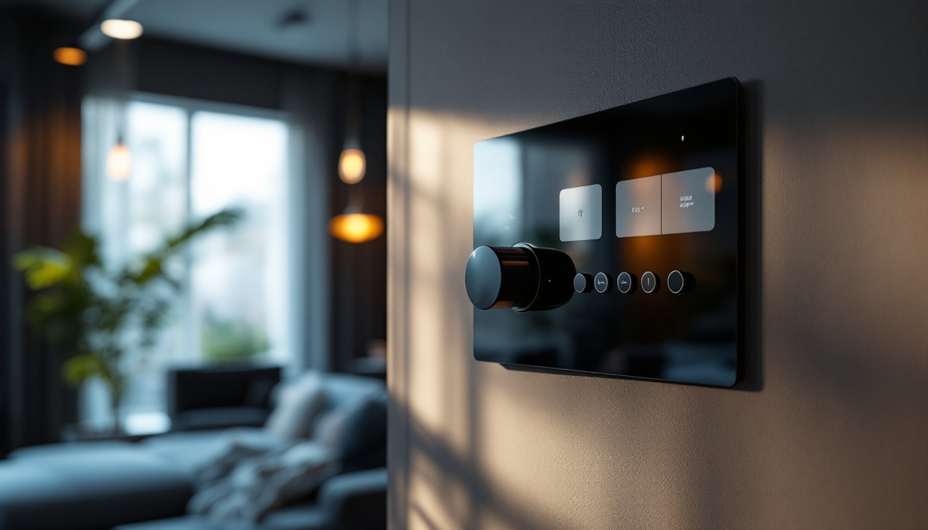 A photograph of a modern lighting control panel in a stylish interior setting