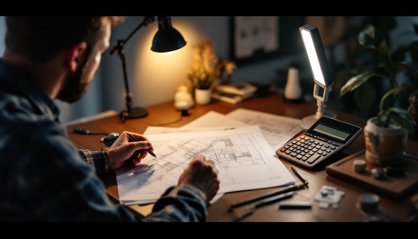A photograph of a well-organized workspace featuring an electrical engineer calculating lighting designs