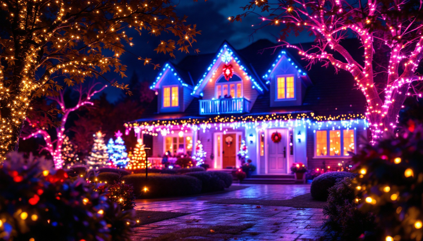 A photograph of capture a photograph of a beautifully decorated outdoor scene illuminated by vibrant xmas projection lights