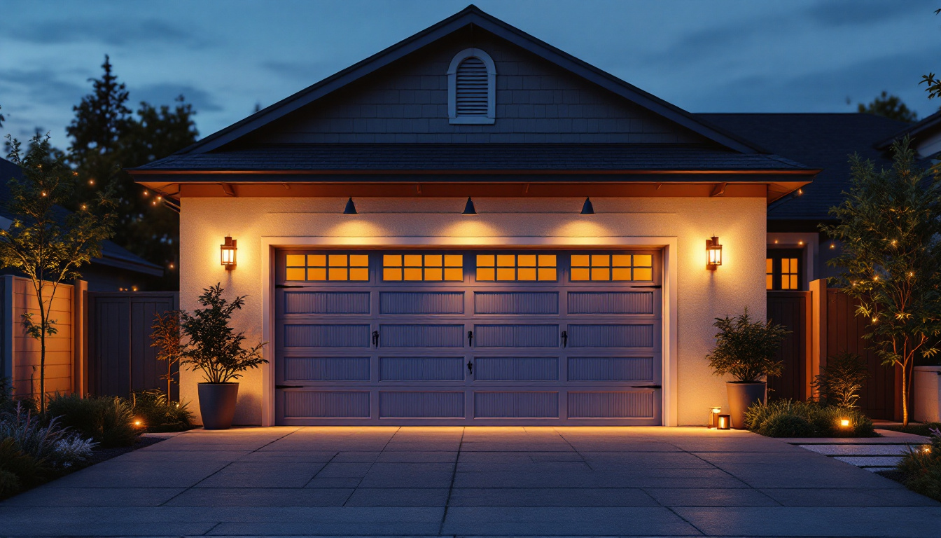 A photograph of a beautifully lit garage exterior at dusk
